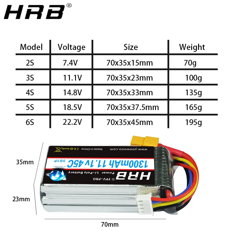 Аккумулятор hrb lipo 1300 мА/ч, 45C 3,7 V 7,4 V 11,1 V 14,8 V 18,5 V 22,2 V XT60 1S 2 3S 4S 5S 6S RC Запчасти для MJX ошибки 6 FPV Дрон RC самолет
