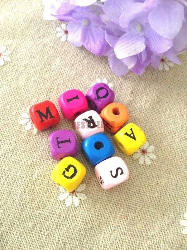 

100pcs 10mm Mixed Color Square shape Wooden Beads Random mixed alphabet/letters Jewellery Craft Hobbies Kids