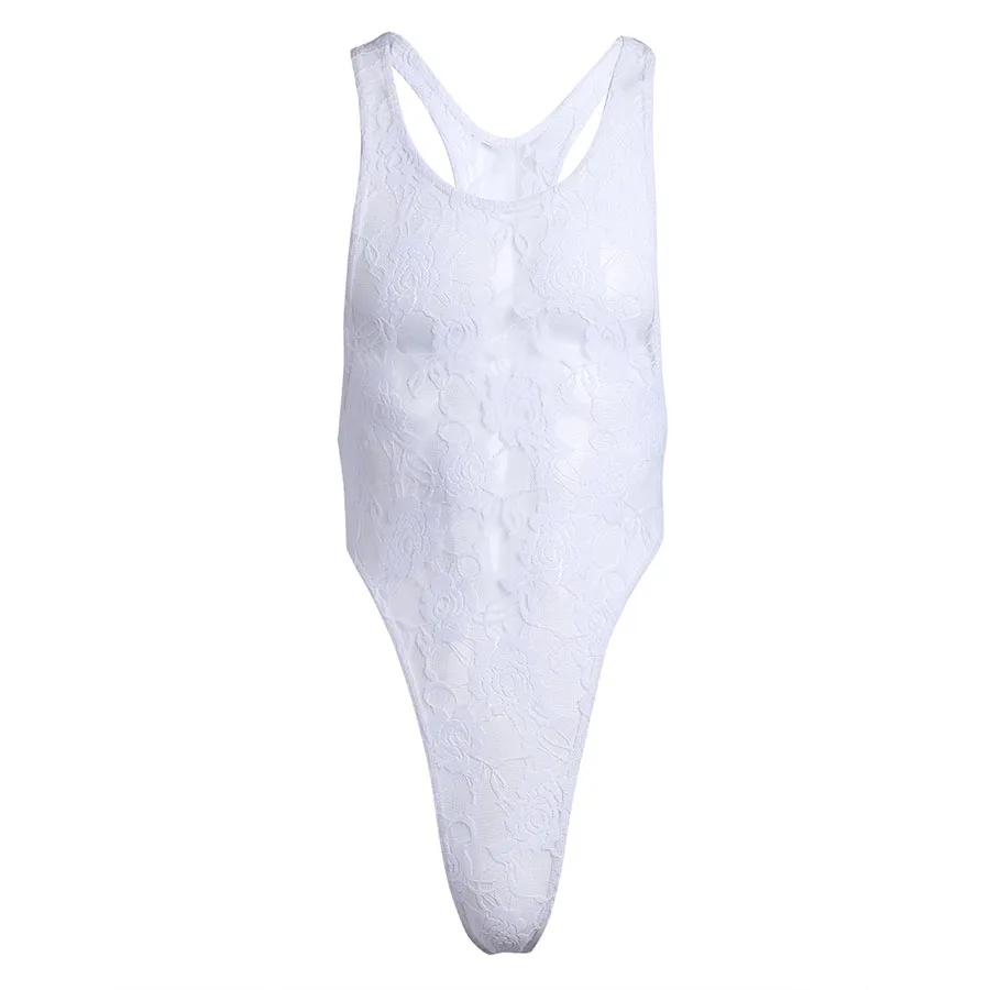 White IEFiEL, мужское нижнее белье, боди, облегающий, Цветочный, кружевной, с высоким вырезом, прозрачный, для Сисси, бодичулок, сексуальный, для геев, обтягивающий, Hommes, боди - Цвет: White
