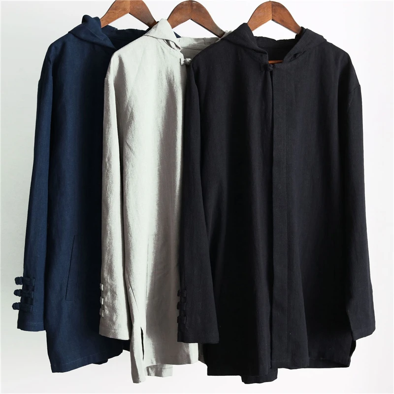 

Hisenky 2019 Men's Hooded Jacket Spring Autumn Jackets Coat Retro Chinese Traditional Cardigan Casual Ramie Shirts Enthnic Tops