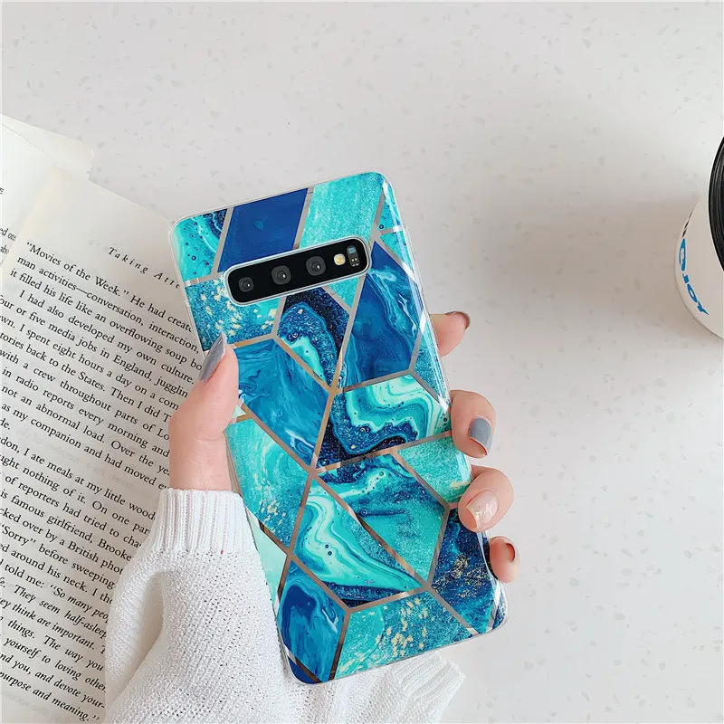 Blue-case(no ring) Сращивания мраморный чехол для телефона с кольцом-держателем для samsung Galaxy note 10 S8 9 10 плюс S10E A40/50/70 розовым алмазом мрамор Cove - Цвет: Blue-case(no ring)