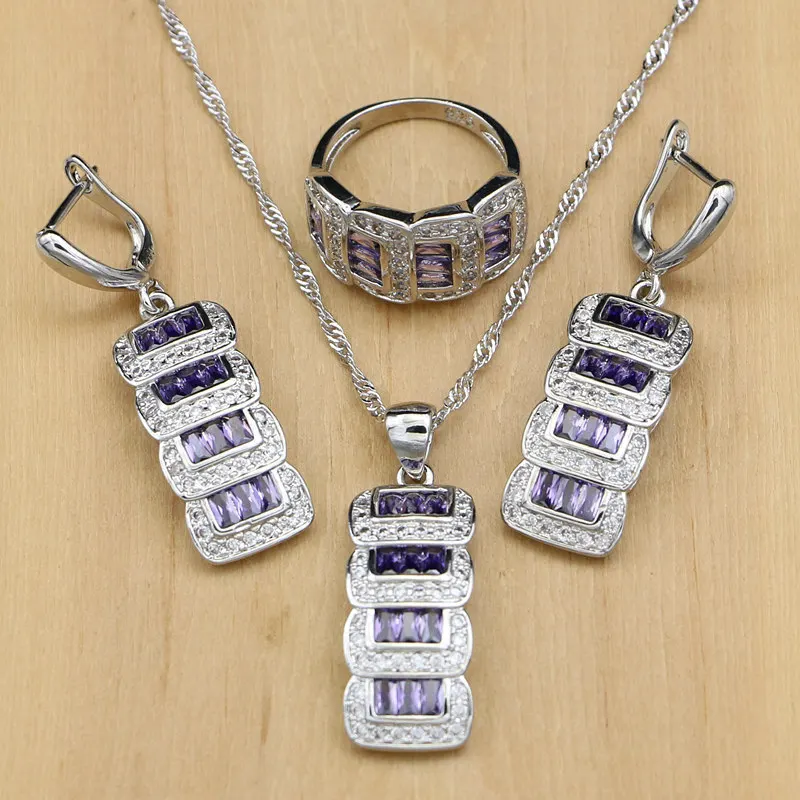 Purple Stone Серебро 925, свадебные ювелирные изделия, кубический цирконий, бусы, ювелирные наборы для женщин, свадебные аксессуары, серьги, подвески, кольца, ожерелье, набор - Окраска металла: Purple Stone