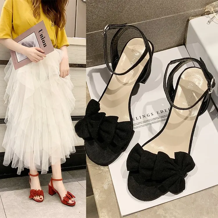 double bowtie flock sandals women thick high heels summer shoes narrow band ankle strap gladiator sandalias party y1011 | Обувь