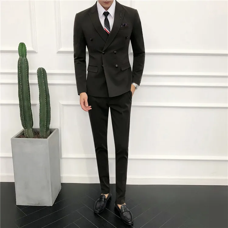 Элегантные Роскошные Мужские 2019 Slim Fit костюмы с брюками двубортные обтягивающие