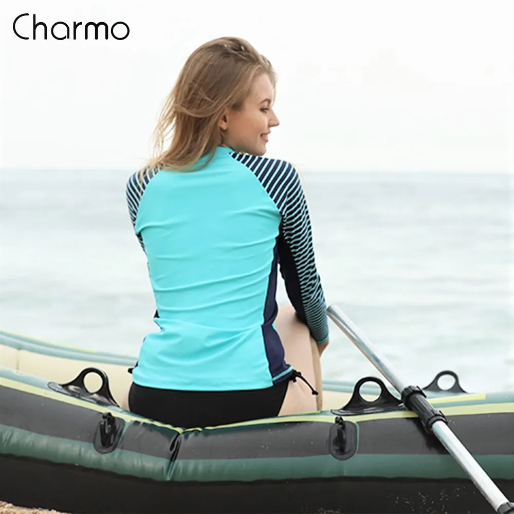 Charmo, Женский Рашгард с длинным рукавом, купальник в полоску, Рашгард, лоскутный купальник для серфинга, женский топ для бега UPF50