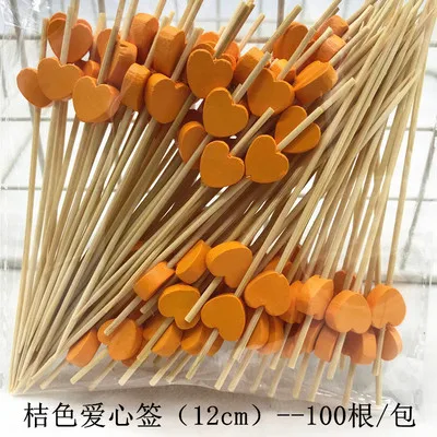 100pcs12cm романтические бамбуковые зубочистки сердца фруктовые вилки палочки буфет кекс Cocktail Коктейльные Свадебные украшения для праздника для вечеринки - Цвет: Orange