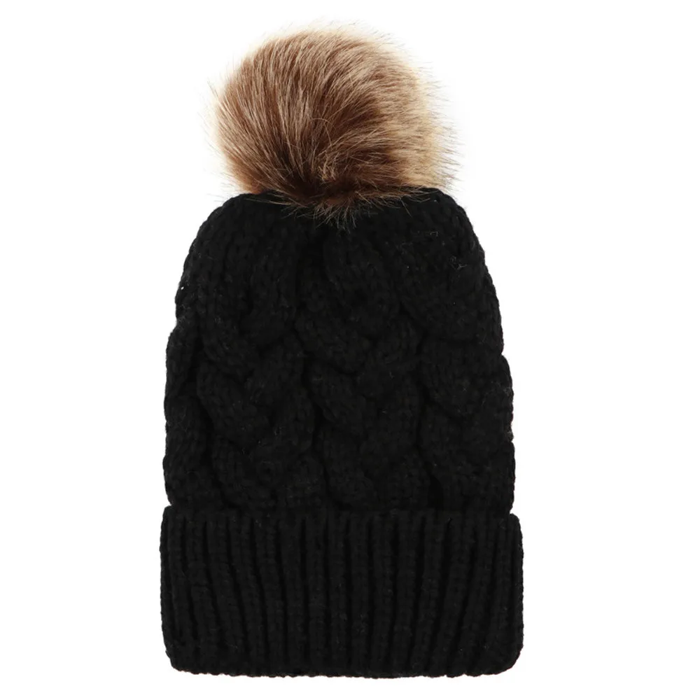 Головной убор для мамы и ребенка вязаная шерстяная шапка теплая зимняя меховая с