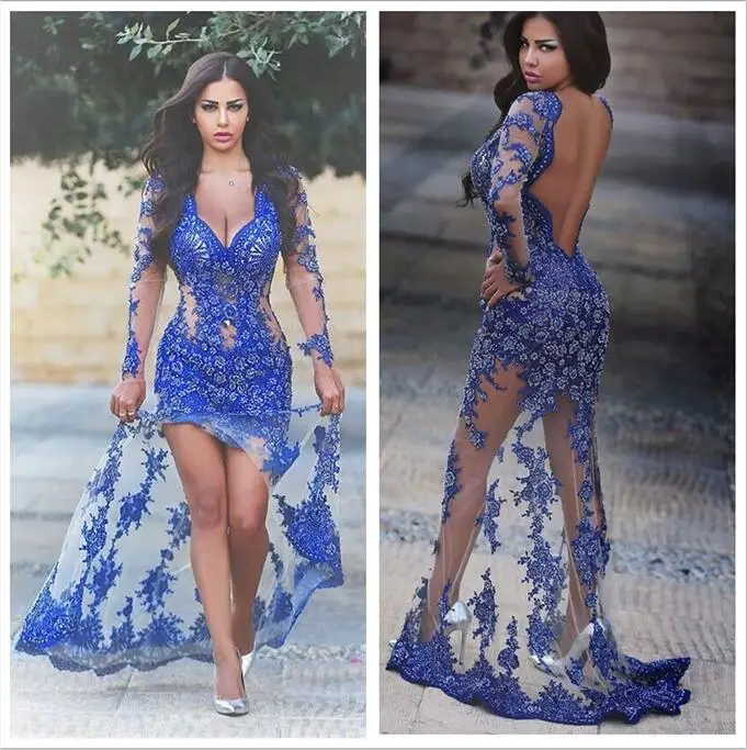 Сказал Mhamad Вечерние Платья 2016 Royal Blue Lace Аппликация Sheer Сексуальные С Длинным