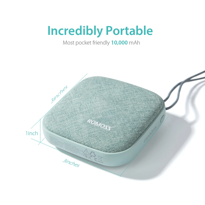 ROMOSS LC10, стильный внешний аккумулятор, 10000 мА/ч, Candybox 18650, двойной USB, тканевое портативное зарядное устройство с подвесным кольцом для iPhone, Xiaomi, huawei