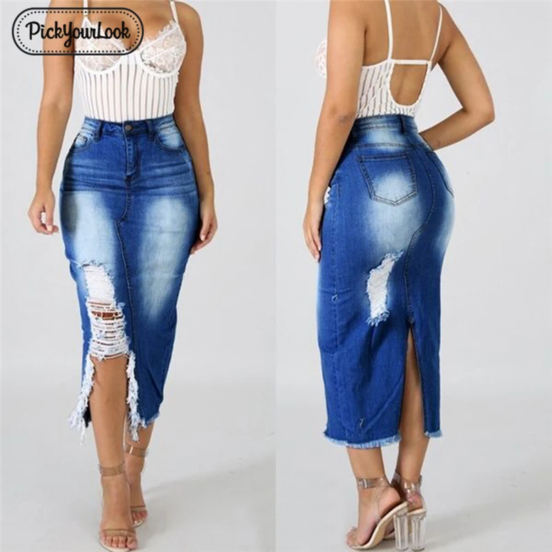Женская джинсовая юбка Pickyourlook размера плюс, высокая талия, рваная юбка макси, Женская винтажная Облегающая джинсовая юбка, женская уличная юбка