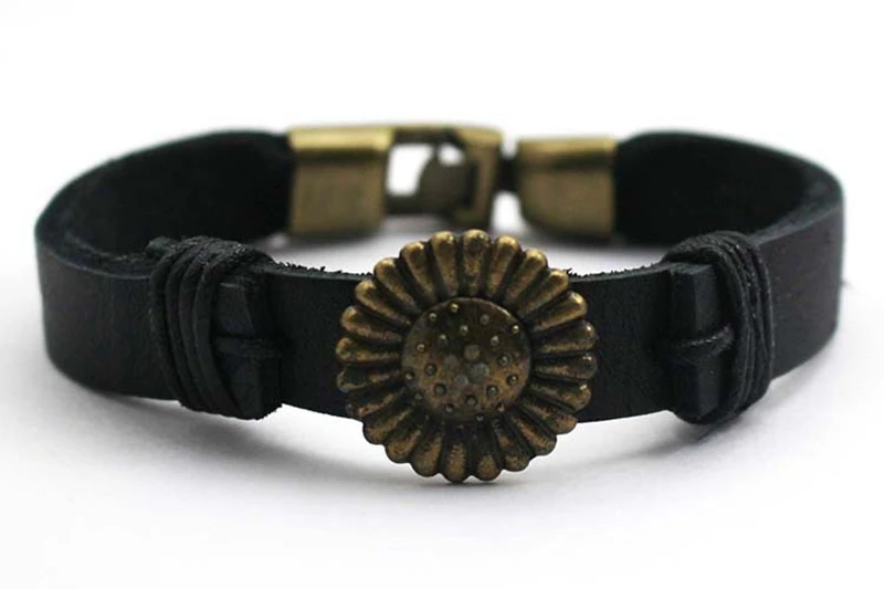Дешевые наручи из натуральной кожи с кнопкой подсолнуха и шармом, браслет дружбы 2016 года, ювелирные изделия, подарок на Рождество.
