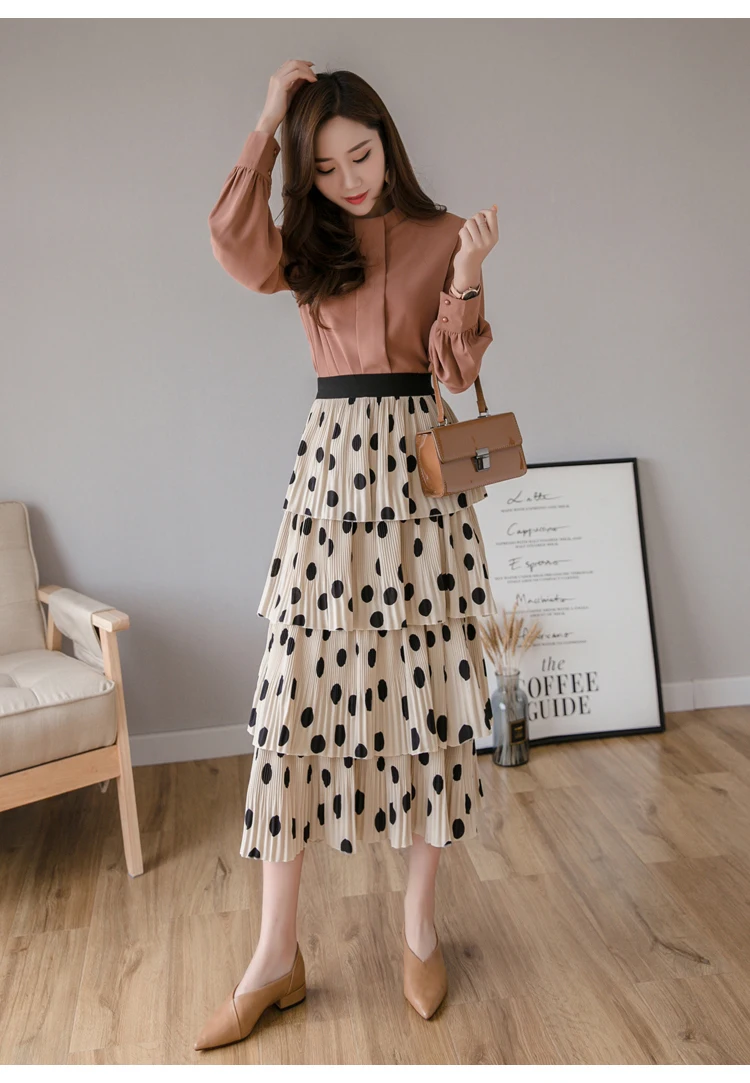 Для женщин Высокая талия шифон юбка Новинка весны сладкий горошек печати уставшие торт юбки для Черный Белый Хаки миди