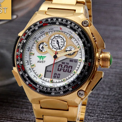 White Роскошные Брендовые мужские часы AMST новые модные золотые наручные часы Цифровые кварцевые часы с двойным дисплеем мужские спортивные водонепроницаемые часы - Цвет: White