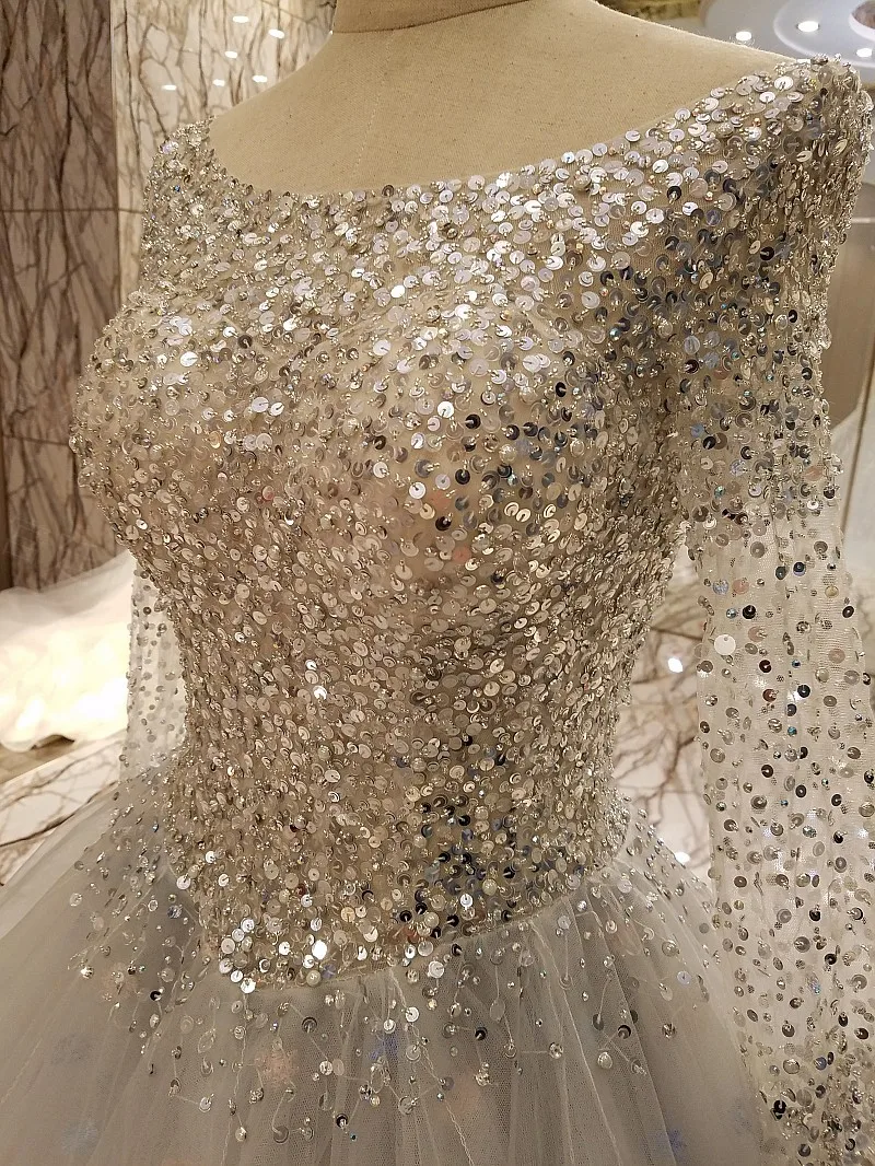 2017 New Real Photos Gray Formal Long Sleeves Evening Dress Gown See Through Back Beading Sequined Handwork Prom Dresses | Свадьбы и