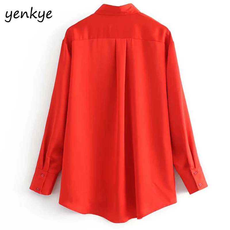 2019 Женская атласная блузка с карманами женская рубашка отложным воротником