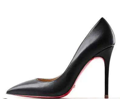 black nappa 10cm Туфли с красной подошвой; женские пикантные туфли-лодочки; туфли из натуральной кожи на высоком каблуке; свадебные туфли на тонком каблуке с красной подошвой и острым носком; вечерние туфли из органической кожи - Цвет: black nappa 10cm
