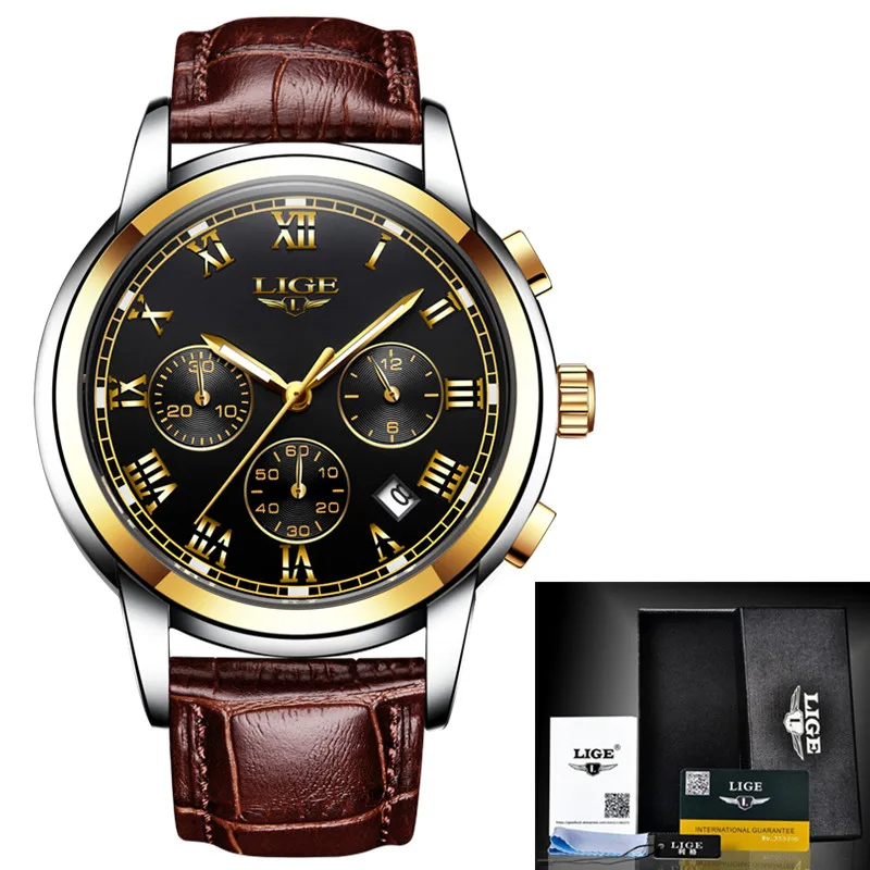 Leather Gold Black Мужские часы Лидирующий бренд LIGE модные роскошные деловые автоматические механические мужские военные стальные водонепроницаемые часы Relogio Masculino - Цвет: Leather Gold Black