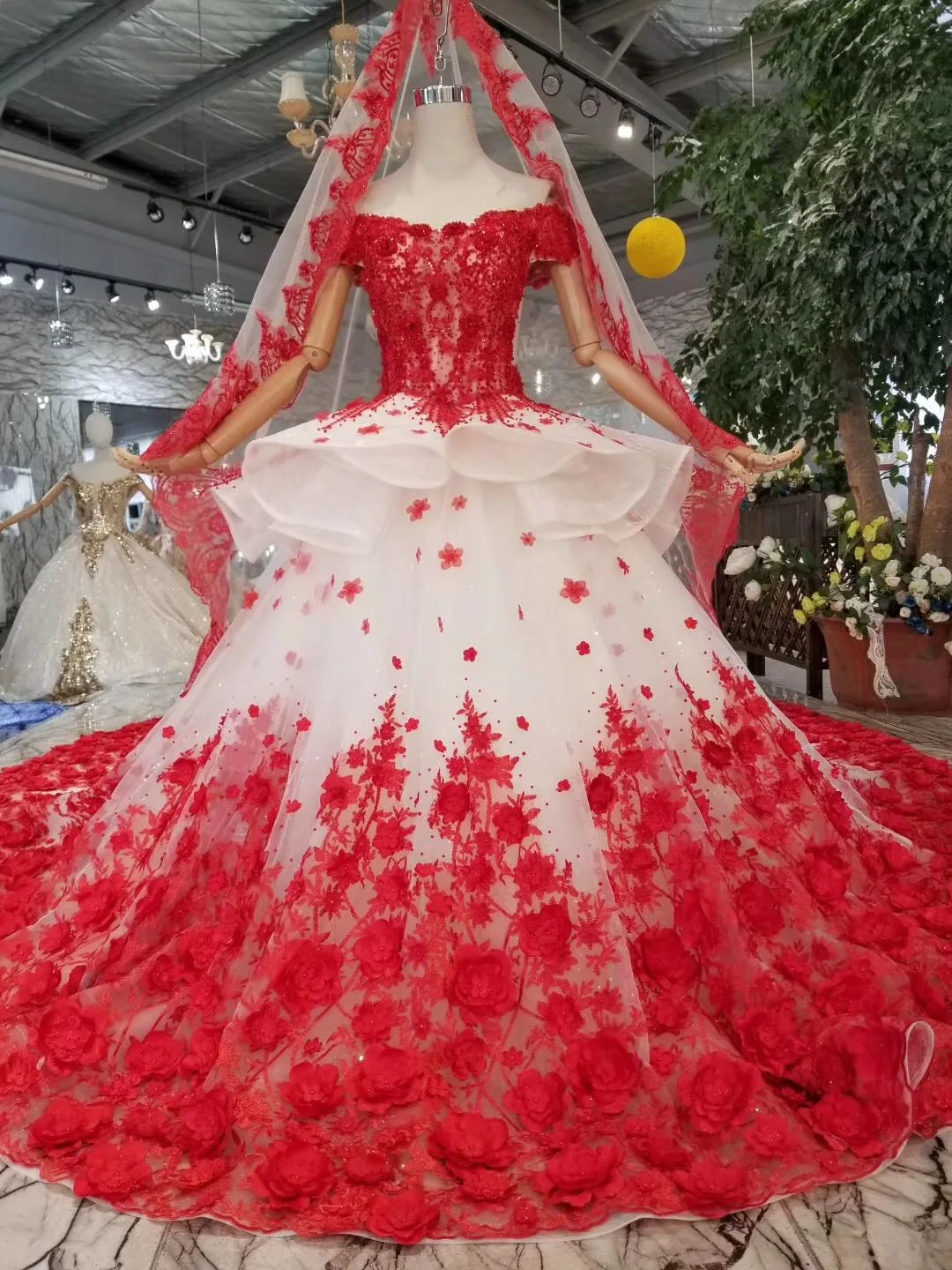 Женское бальное платье с открытыми плечами цветком и красным 3d кружевом длиной 3