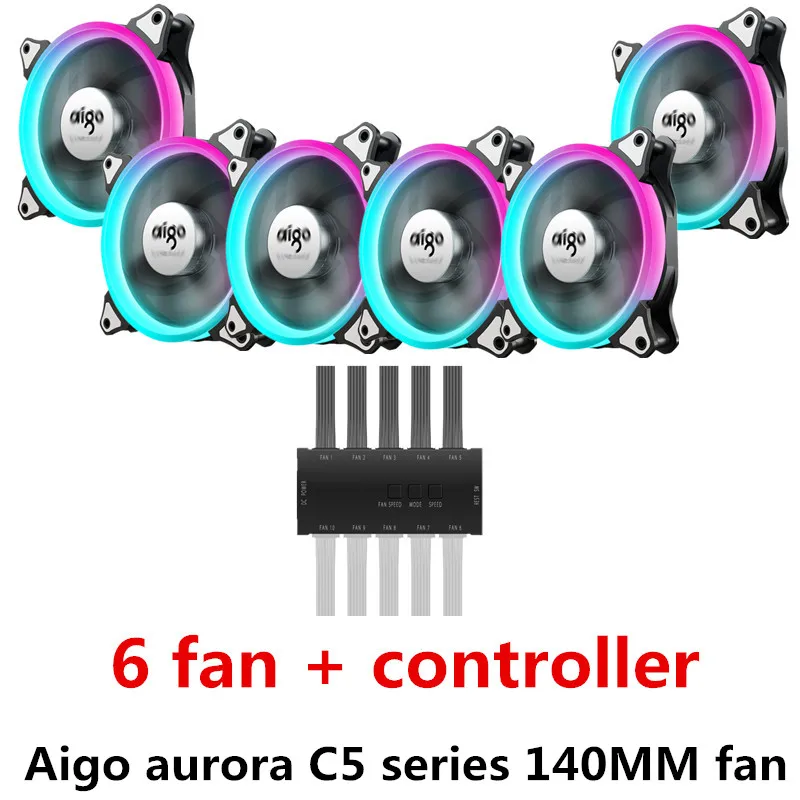 6 fan and Remote Aigo aurora C5 радужные огни разноцветные RGB регулируемый цветной вентилятор 140 мм светодиодный ПК Компьютер охлаждающий кулер бесшумный чехол контроллер вентилятора - Цвет лезвия: 6 fan and Remote