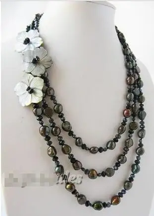 

Новое ожерелье 20 ''3 нити 10 мм с черным барочным пресноводным жемчугом ракушками цветами