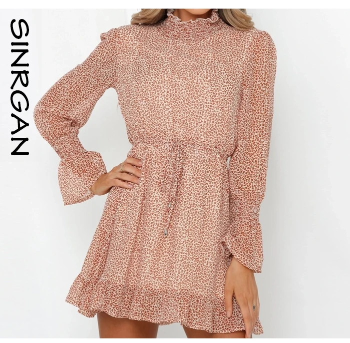 SINRGAN осень пояса оборками женское платье весеннее богемное с высоким, плотно облегающим шею воротником с расклешенными рукава