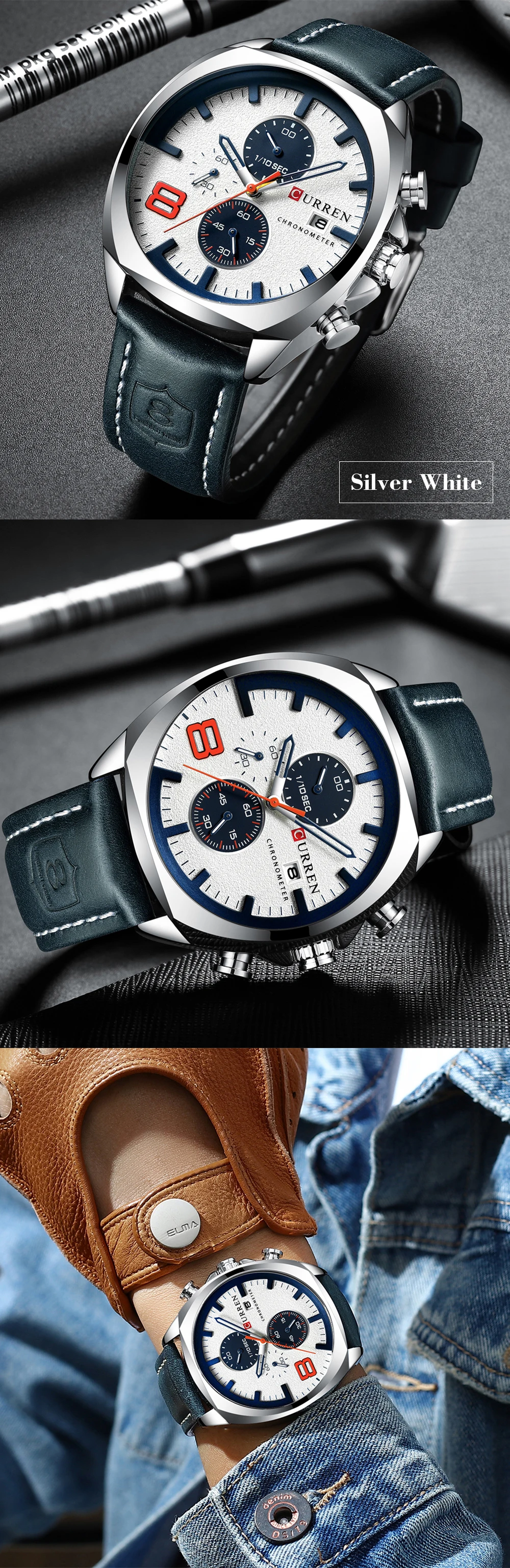 Curren Mens Watches Top Brand Luxury Leather Chronograph Watch Men's Wristwatches Clock Watch Men Waterproof Luxury Mens Watches