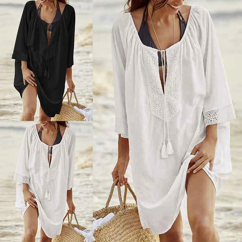 Новинка женское однотонное кружевное платье бикини солнцезащитное свободное