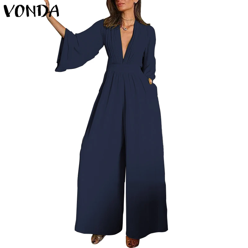 VONDA, женский комбинезон, комбинезон с рукавом 3/4, v-образный вырез, повседневный комбинезон для подвижных игр, женский свободный черный комбинезон с широкими штанинами размера плюс 5XL