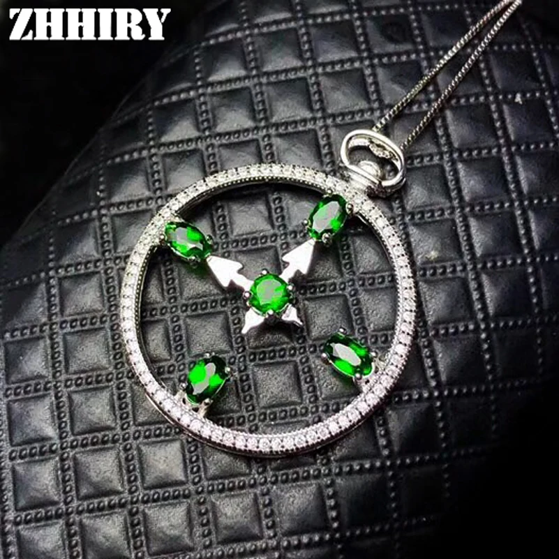ZHHIRY Natural Green Diopside Necklace Pendant Genuine 925 Sterling Silver Gemstone Necklace Big Pendants For Women Jewelry