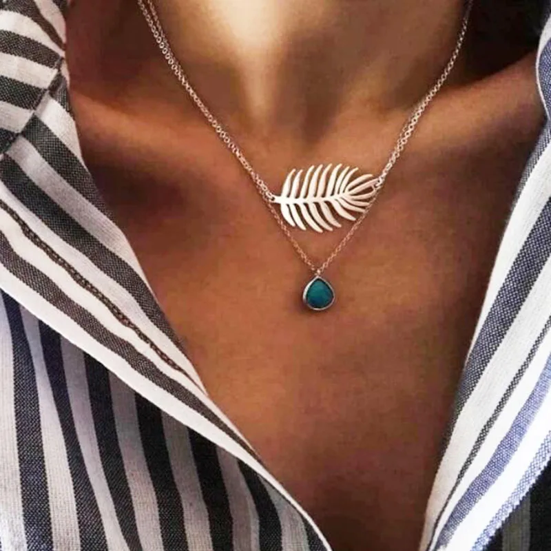 Модные Винтажные многослойные ожерелья с кулоном в виде листьев голубого камня