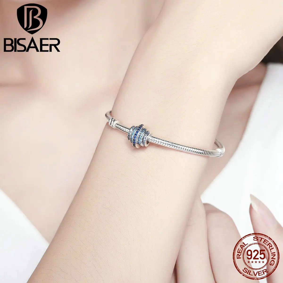 BISAER Настоящее 925 пробы, серебро, синий цвет, мелодия, чётко CZ, постепенное изменение колеса, бусины, подходят для BISAER, браслеты, ювелирные изделия ECC129