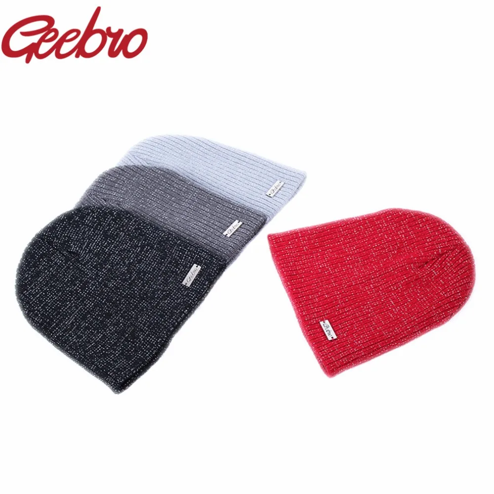 Geebro брендовая зимняя женская шапочка повседневные черные вязаные акриловые