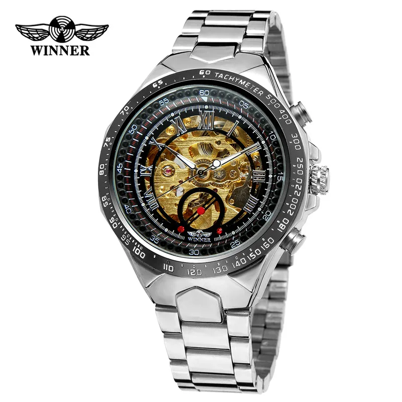silver black gold Relogio masculino WINNER мужские часы Топ бренд Роскошные военные спортивные автоматические механические наручные часы Скелет Мужские часы 0014 - Цвет: silver black gold