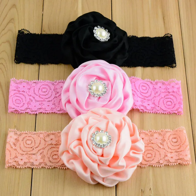 Эластичная кружевная лента для волос девочек с 3 &quotатласным цветком украшения