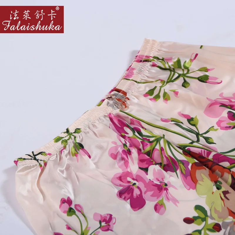 100% Silk Pajama Sets Women Flower Print Sexy Stain Pajama Set Two Piece Silk Nightwear pijama feminino Sleepwear Set Pajamas