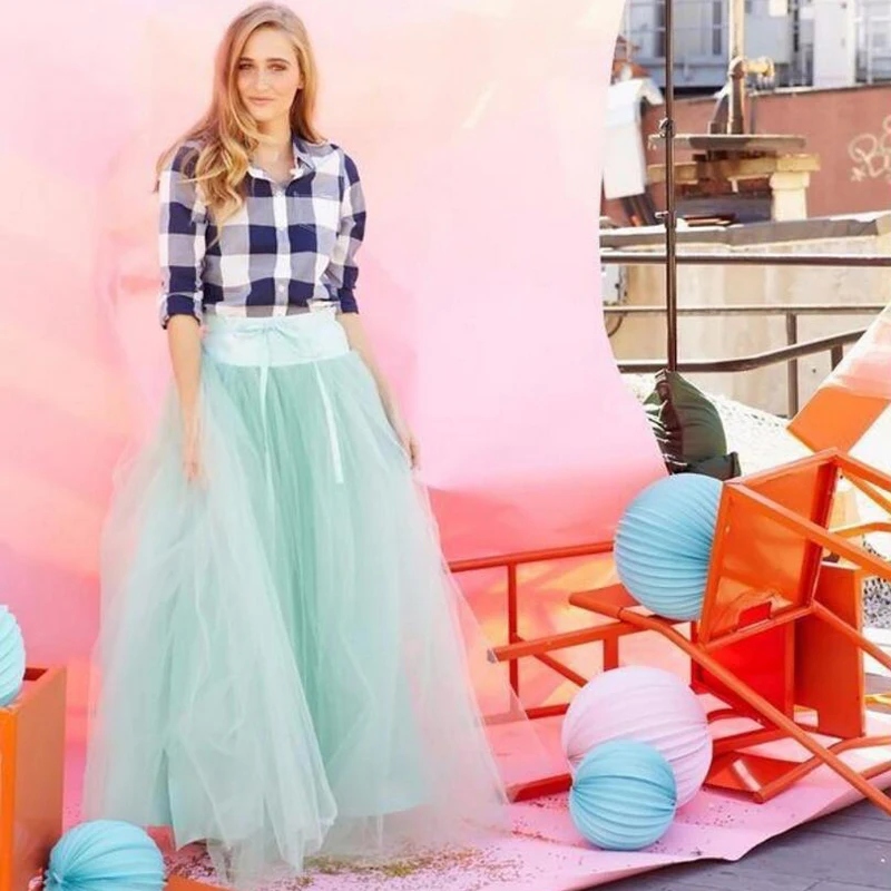 

Super Puff Long Tulle Skirts Womens Mint Green Ball Gown Charming Maxi Skirt High Street Spring Summer Lolita Saia Jupe