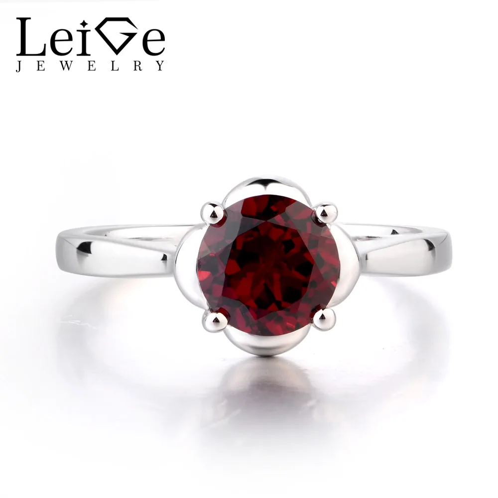 

Leige Jewelry Solitaire Red Color Garnet Rings Round Cut Anniversary Wedding Bands With Stone January Birthstone Gifts For Girls
