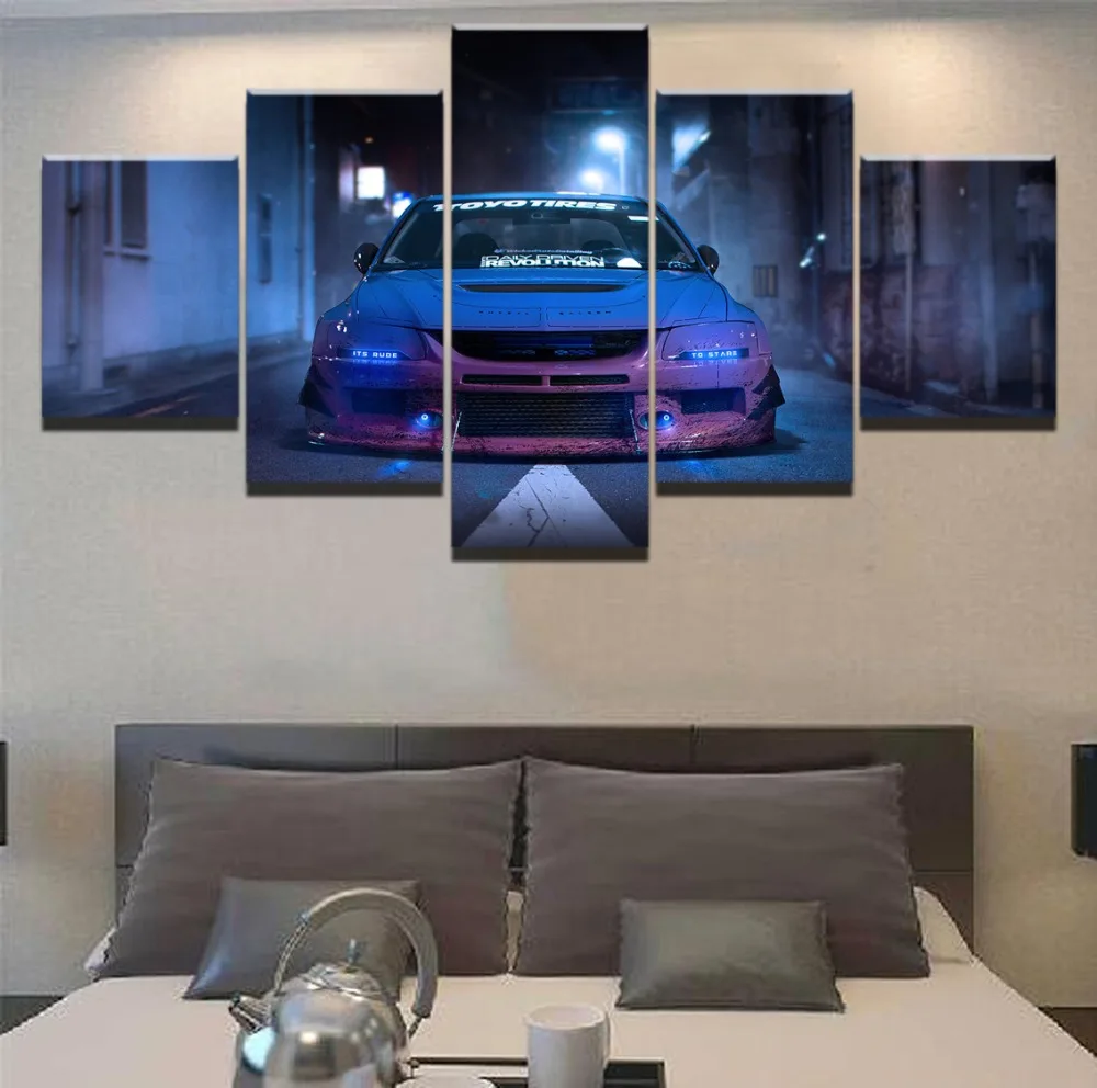 Модульная картина HD 5 шт. синяя Автомобильная Mitsubishi Lancer Evolution Спортивная Картина