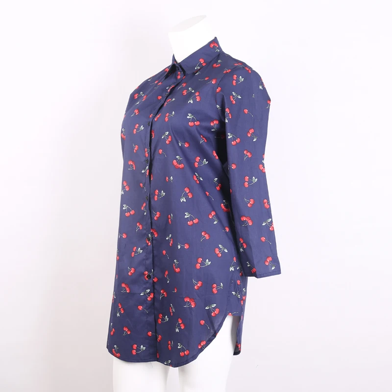 azouari 2017 autumn new XL XXL 3XL 4XL 5XL blue cherry pattern long section washed cotton fashion cut Plus size women's shirt |