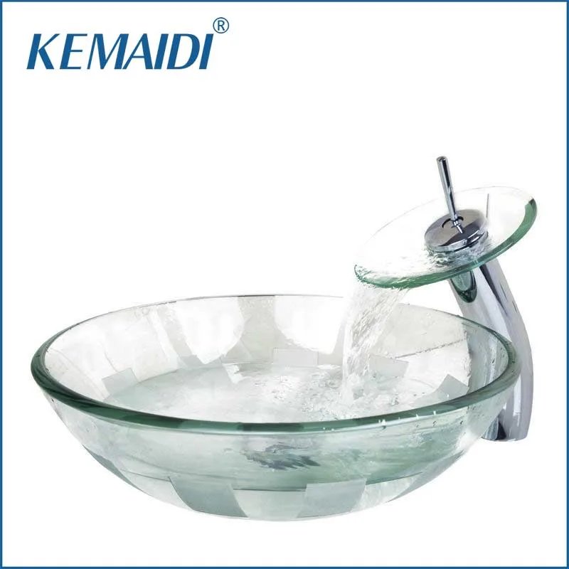 

KEMAIDI New Arrival Victory Glass Bowl,Bathroom Sink,Wash Basin With Waterfall Faucet Tempered Glass Bathroom Sink Set VD4012-1