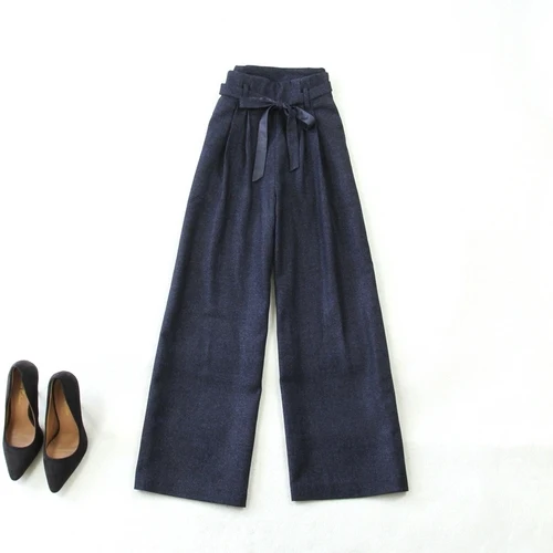 Women's suit set winter new large size Tibetan blue herringbone Slim long-sleeved suit wild high waist wide leg pants suit - Цвет: 2