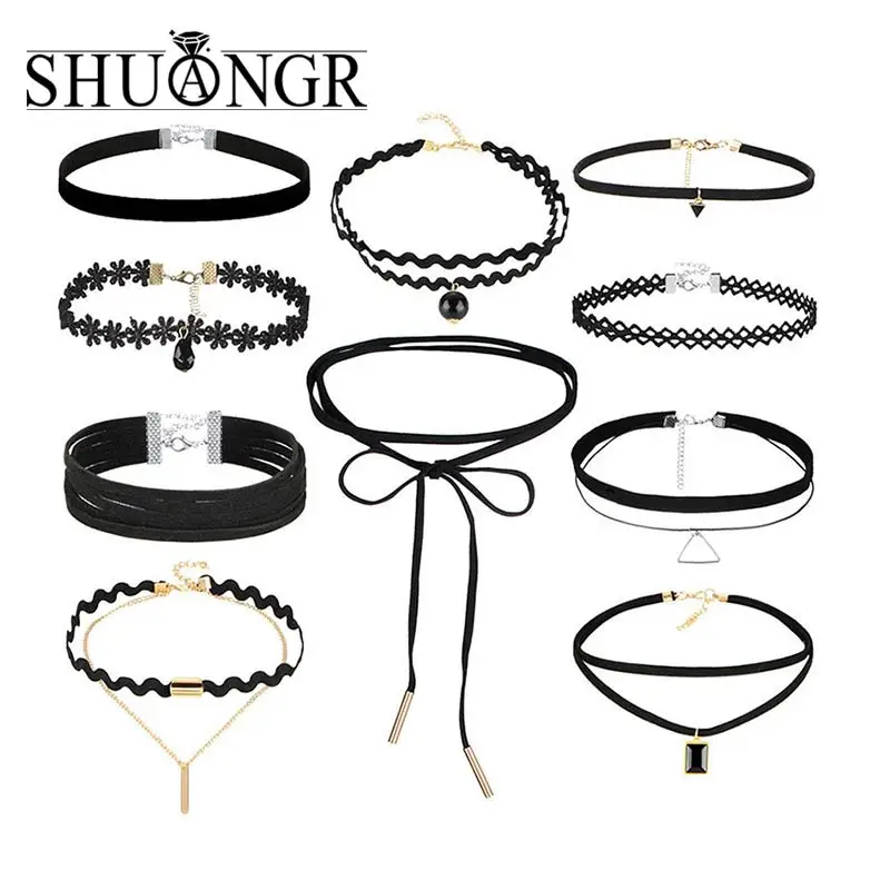 SHUANGR 10 шт./партия, новинка, готическое кожаное колье с татуировкой, набор s для женщин, Ажурное черное кружевное ожерелье, Ювелирное колье на цепочке