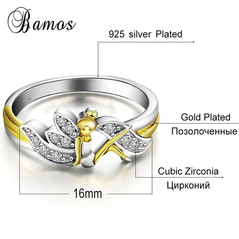 Bamos Doble Colors Cute Angel Ring Simple Cubic Zirconia Wings Rings For Women Fashion Birthstone Jewelry Bridesmaid Gift | Украшения и