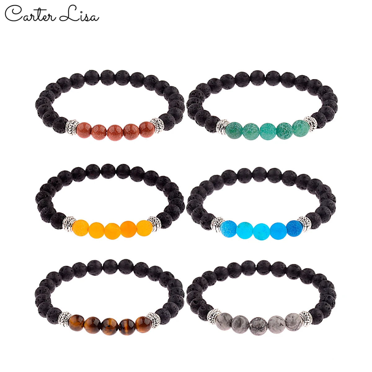 Картер Лиза очарование для мужчин 8 мм черный Лава Камень Белый Эластичные бусины