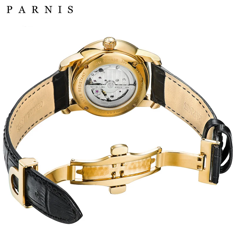 

38mm Parnis Gold Automatic Mechanical Watches Sapphire Mens Watch Top Brand Luxury with Leather Strap Bracelt Clasp