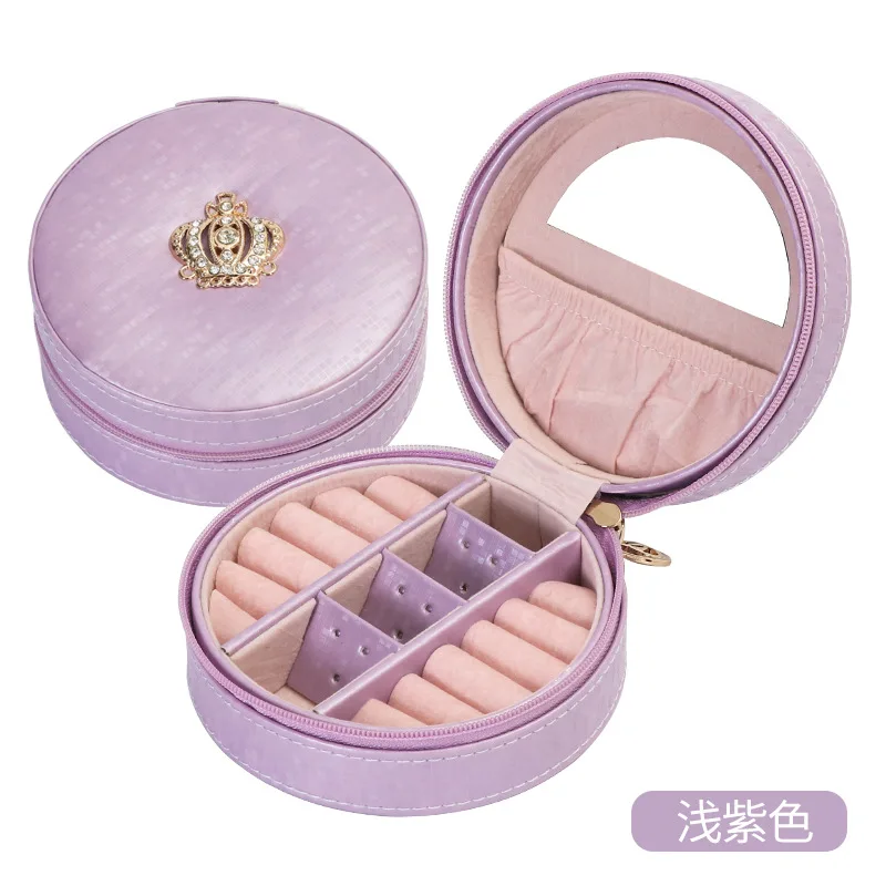 Purple Корейская коробка для украшений с короной, органайзер для путешествий, переносное кожаное кольцо, браслет, серьги, дисплей для хранения, круглый чехол-коробка с зеркалом - Цвет: Purple