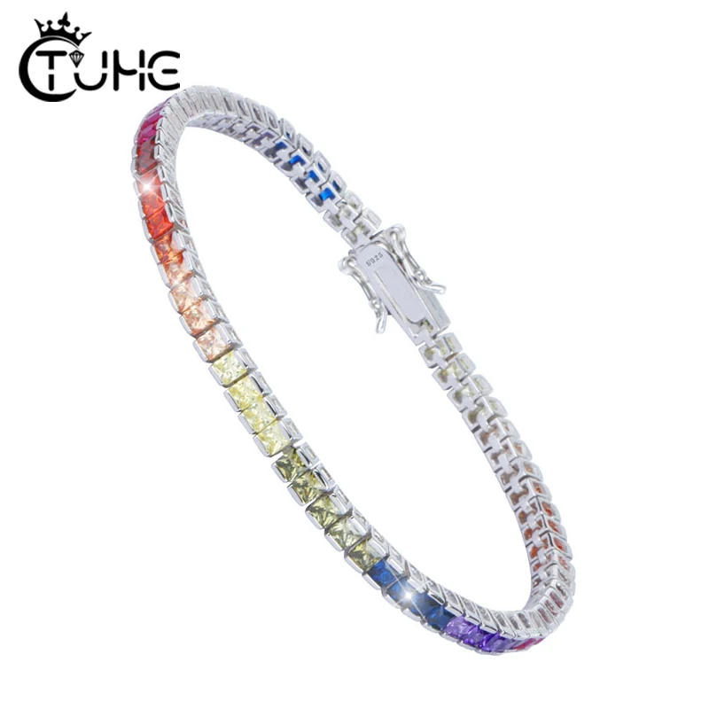 Высокое качество S925 Серебряный браслет квадратный 1 Ряд Кристалл CZ гей гордыня