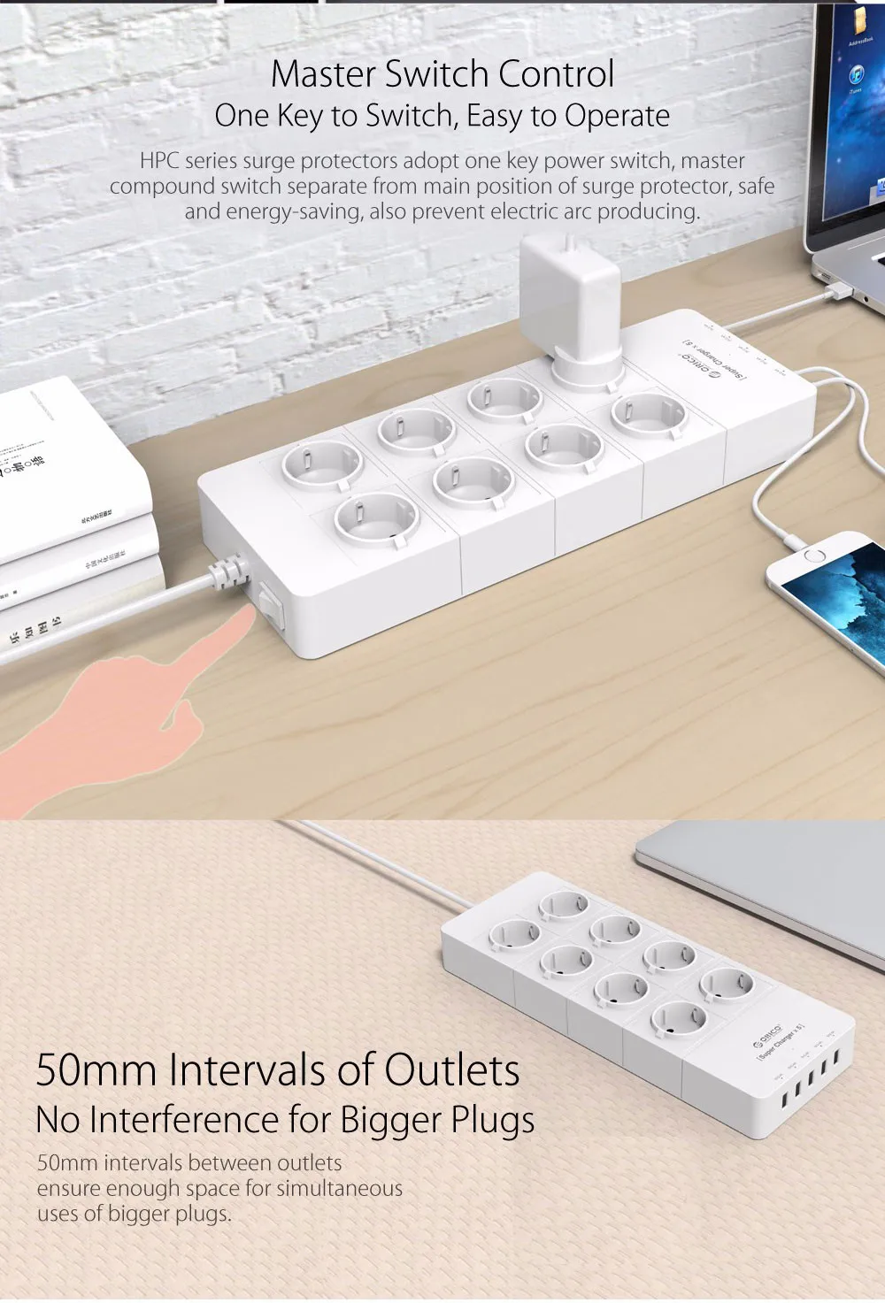 ORICO HPC-8A5U EU/US/UK Plug 8 Outlet сетевой фильтр EU power Stirp с 5x5V2. 4A USB Супер зарядными портами-белый
