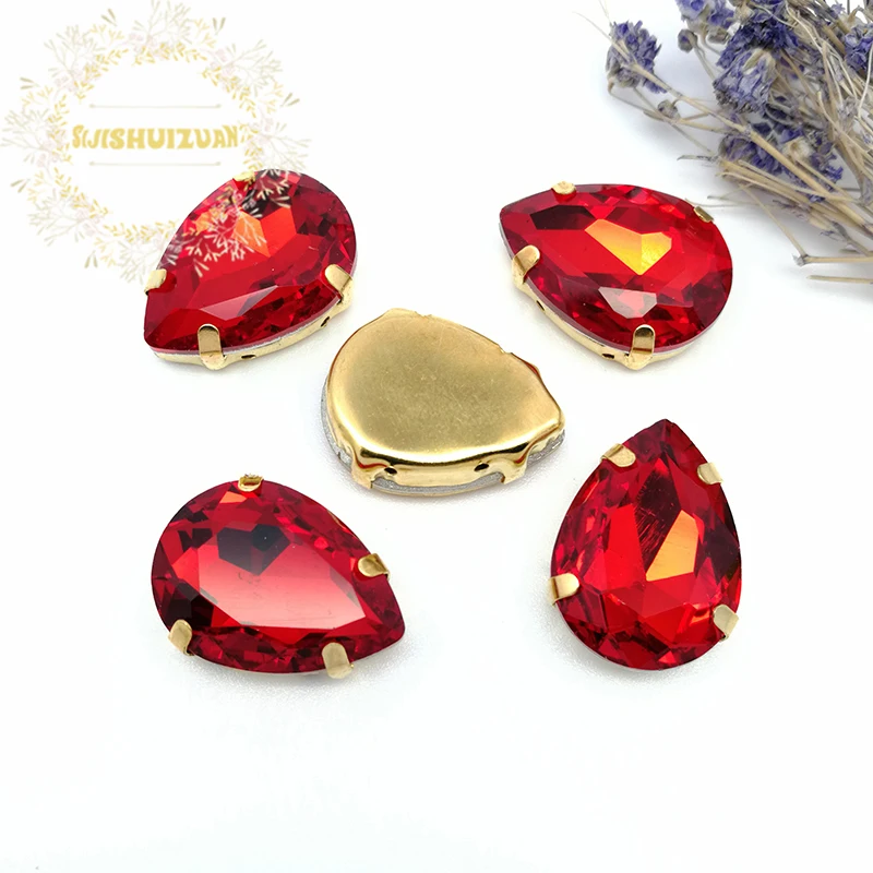 Best-selling Red Water drop shape Crystal Glass Sew-on Rhinestones with gold Claw DIY wedding Dresses and Clothes | Дом и сад