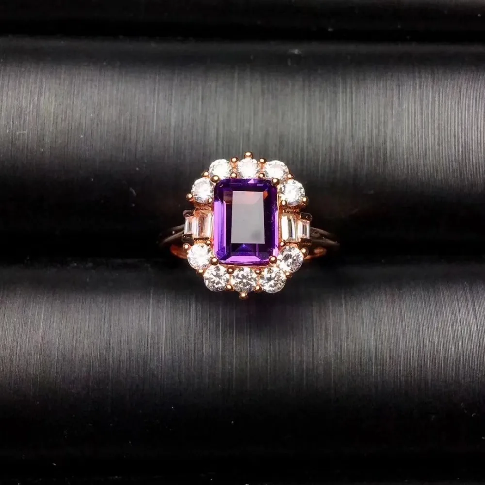 Fidelity Natural 6*8mm purple crystal Rings s925 sterling silver rectangle fine Jewelry for women Amethyst gemstone | Украшения и